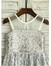 Sheer Neck Silver Sequin Knee Length Flower Girl Dress